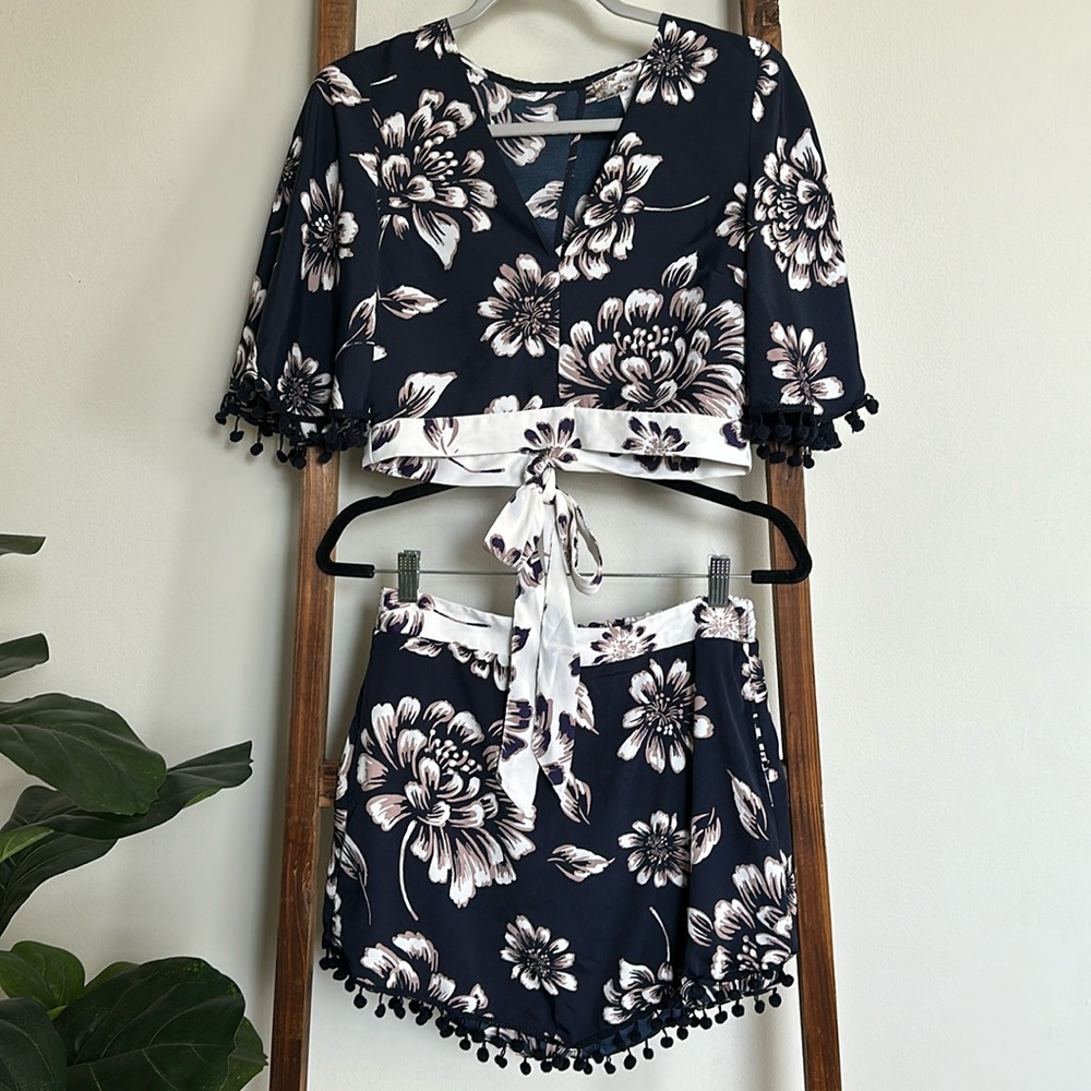 Band of Gypsies Two Piece Pom Pom Trim Mini Skirt and Kimono Style Crop Top Set - Picture 3 of 6
